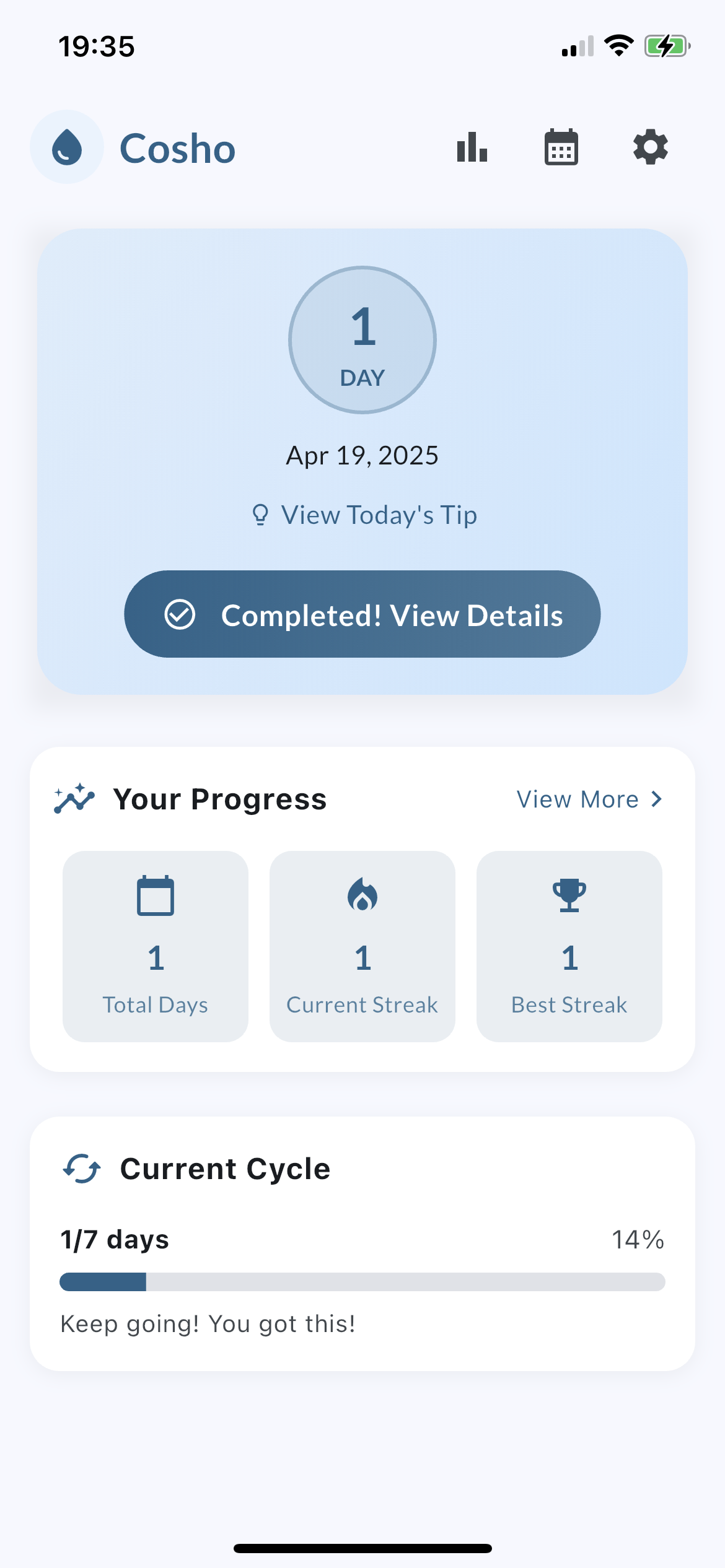 Cosho app screenshot in light mode showing daily tracking interface