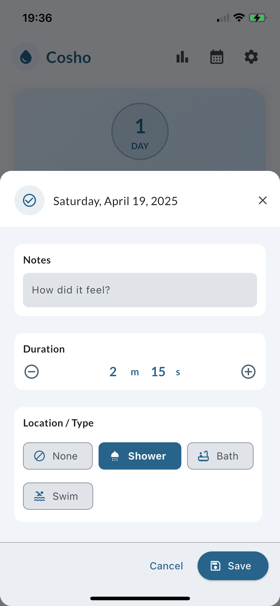 Cosho app daily log screen for tracking cold exposure details