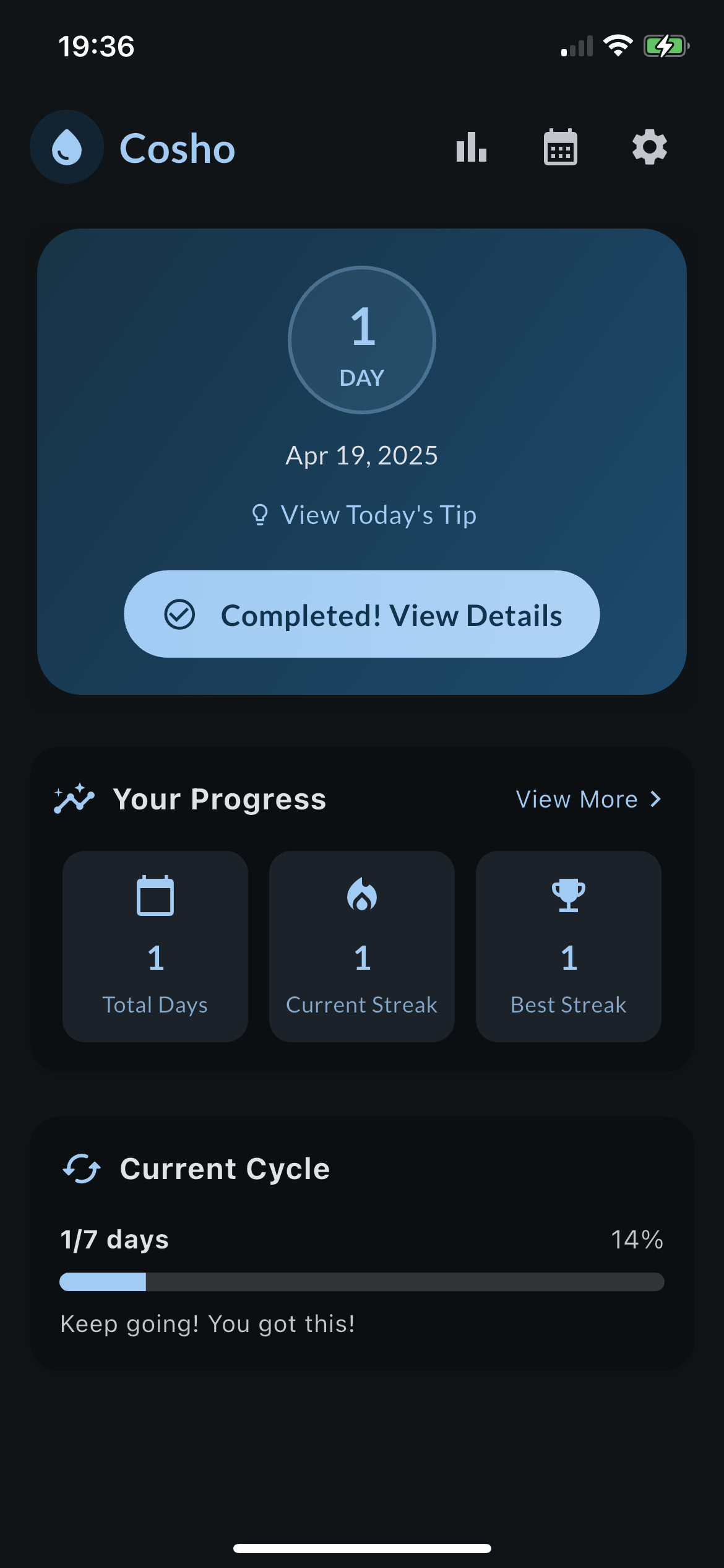 Cosho app screenshot in dark mode showing daily tracking interface
